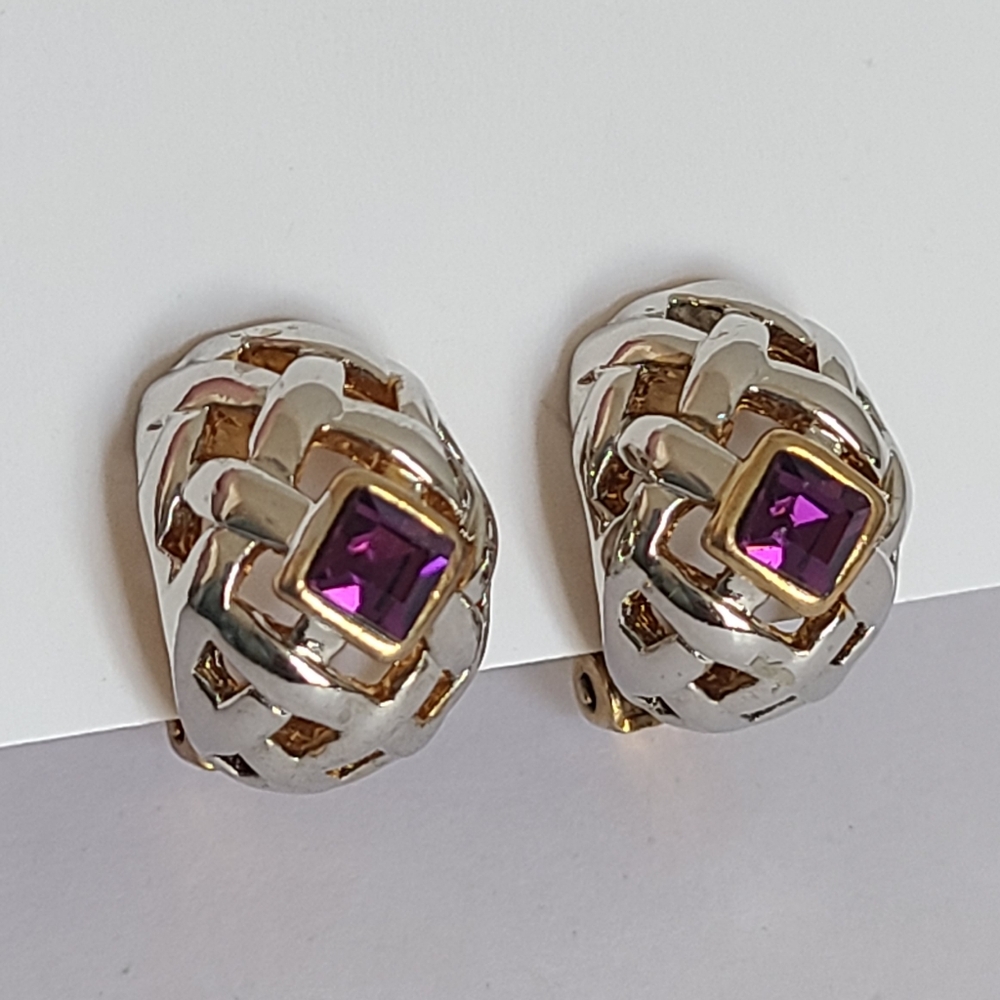 Vintage Lattice Silver Gold Two Tone Purple Crystal Chunky Clip On Earrings